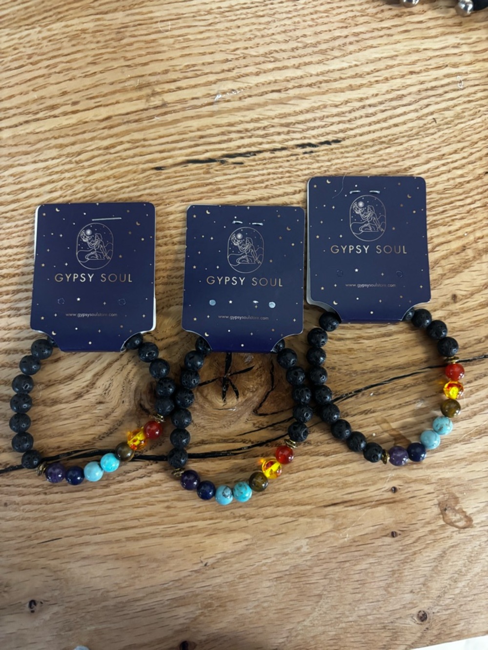 Black Lava Stone & Multi Gem Beaded Bracelet Bundle of 3